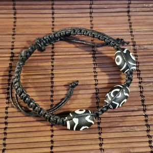 Tibetan Black White Dzi Glass Beads Macrame Adjustable Unisex Boho Ethnic Bracel